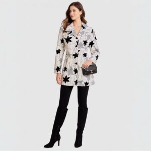 Black & White Floral Notch-Collar Pea Coat